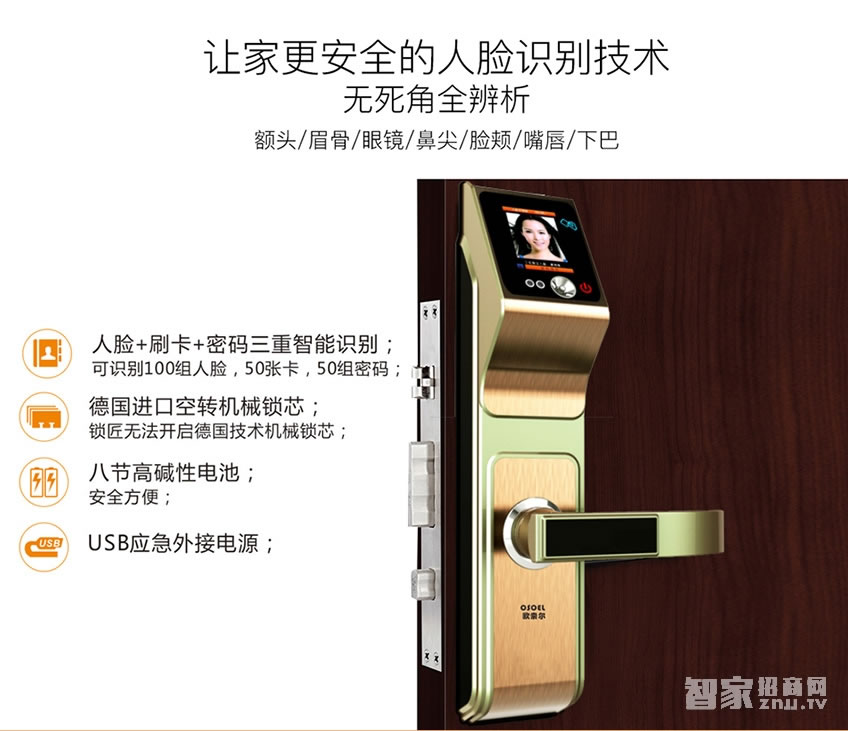 歐索爾智能鎖人臉識別鎖 家用防盜密碼鎖