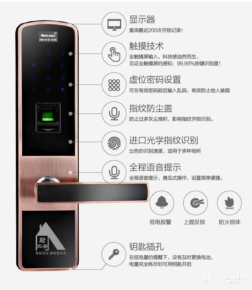君永安智能鎖 指紋密碼門鎖 直板防盜門鎖