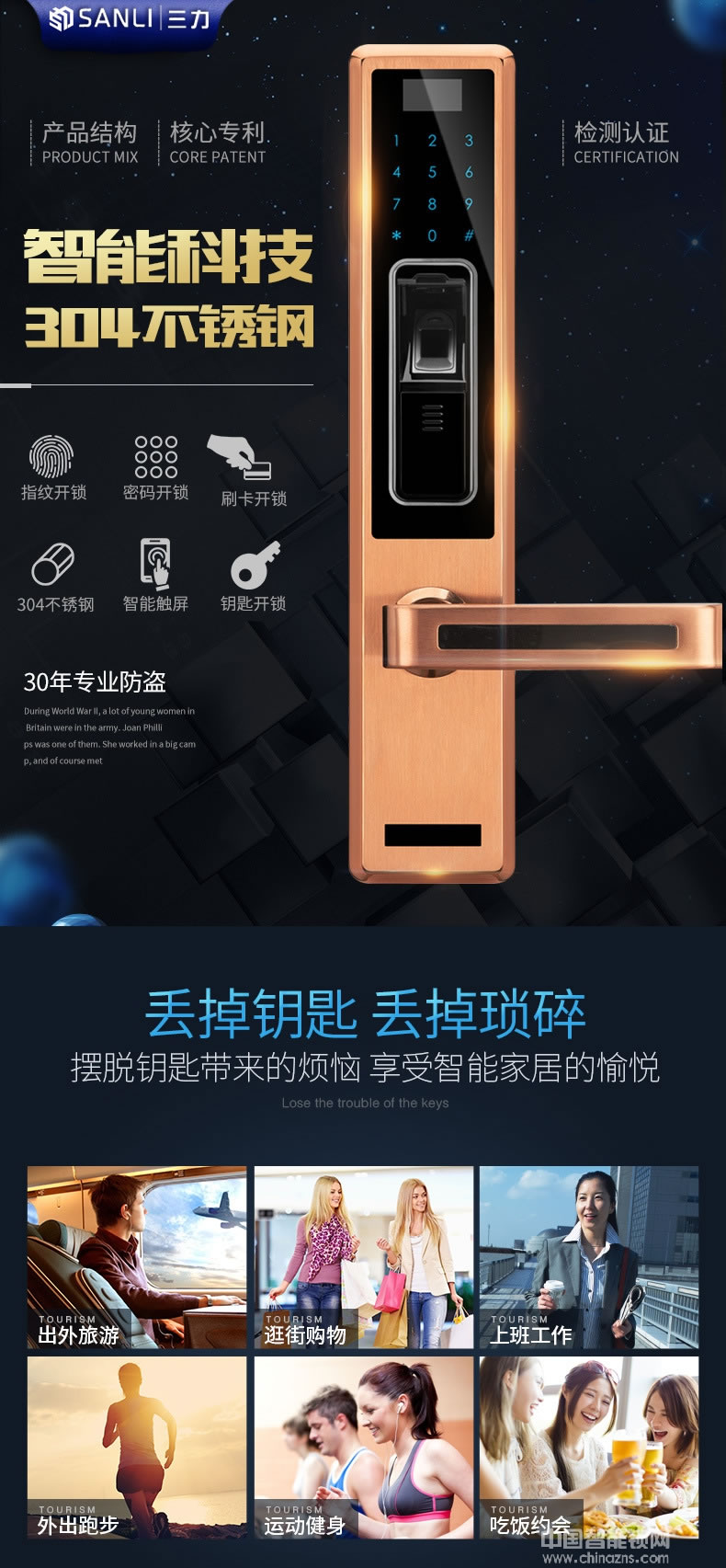 三力智能指紋密碼鎖 防盜門酒店鎖