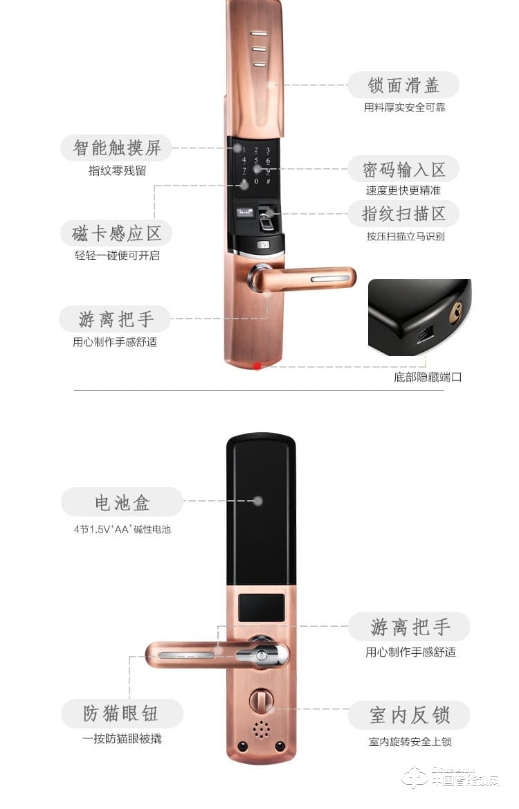 seenyii指紋鎖 SY-E9紅古銅指紋密碼鎖 滑蓋智能門鎖