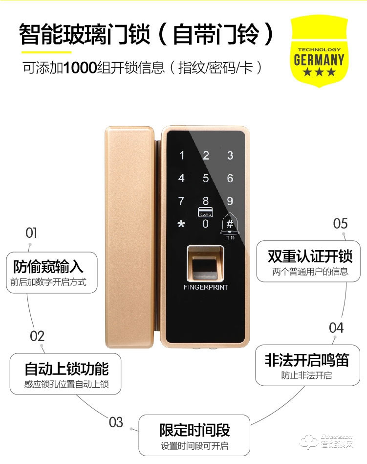 安諾斯智能鎖 免開孔辦公室玻璃門鎖ANS-800