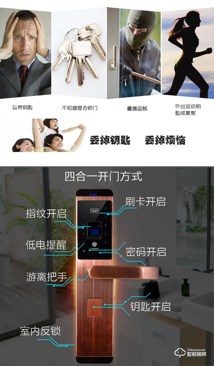 安諾斯智能鎖 指紋密碼刷卡鑰匙門鎖ANS6603