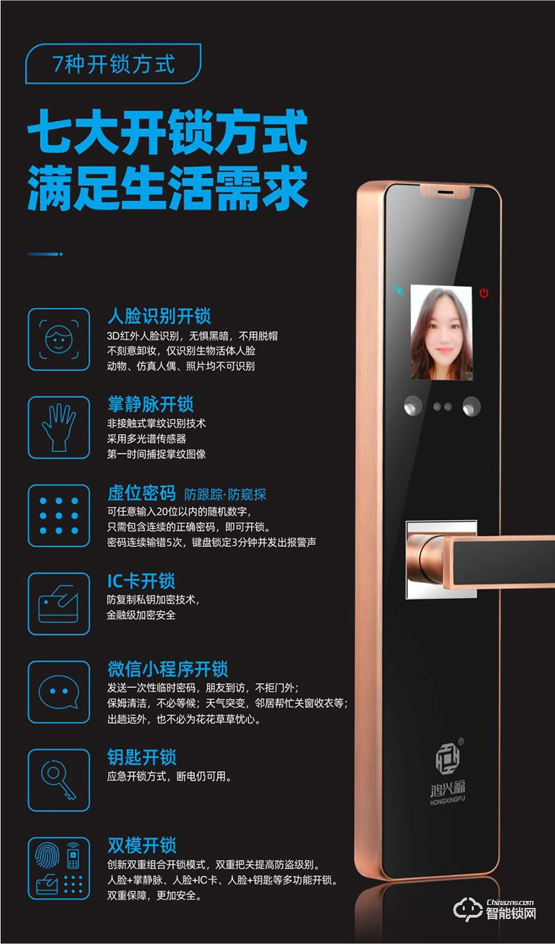 鴻興福智能鎖 A8003人臉識別掌靜脈智能鎖