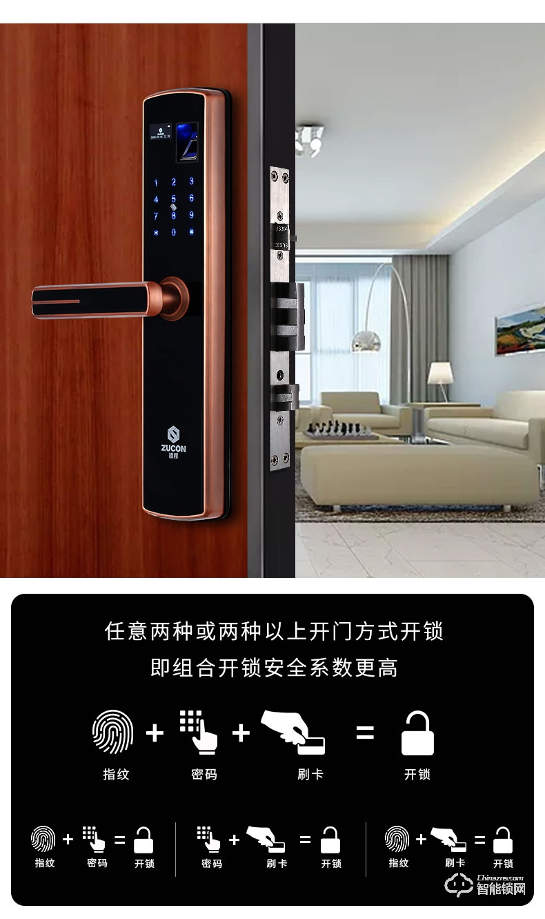 祖程智能鎖 家用防盜門(mén)指紋密碼刷卡鎖