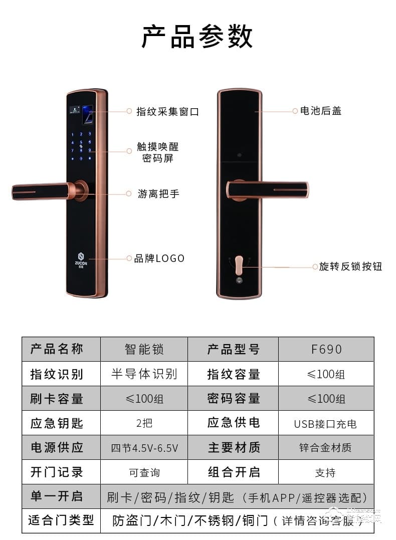 祖程智能鎖 家用防盜門(mén)指紋密碼刷卡鎖