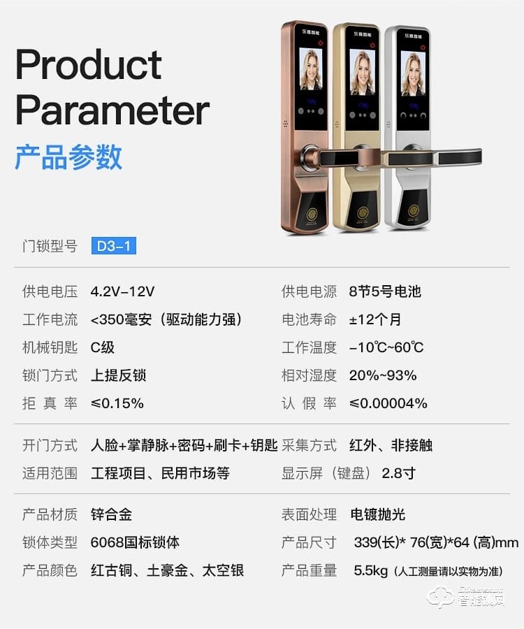 樂盾智能鎖 D3人臉識別鎖遠程防盜指紋鎖