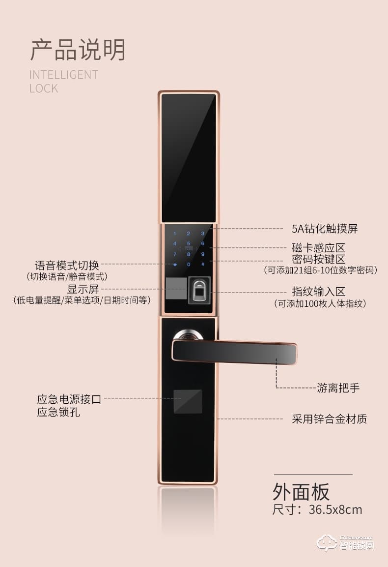 智聯(lián)美家智能鎖 M0507自動下滑蓋指紋密碼鎖