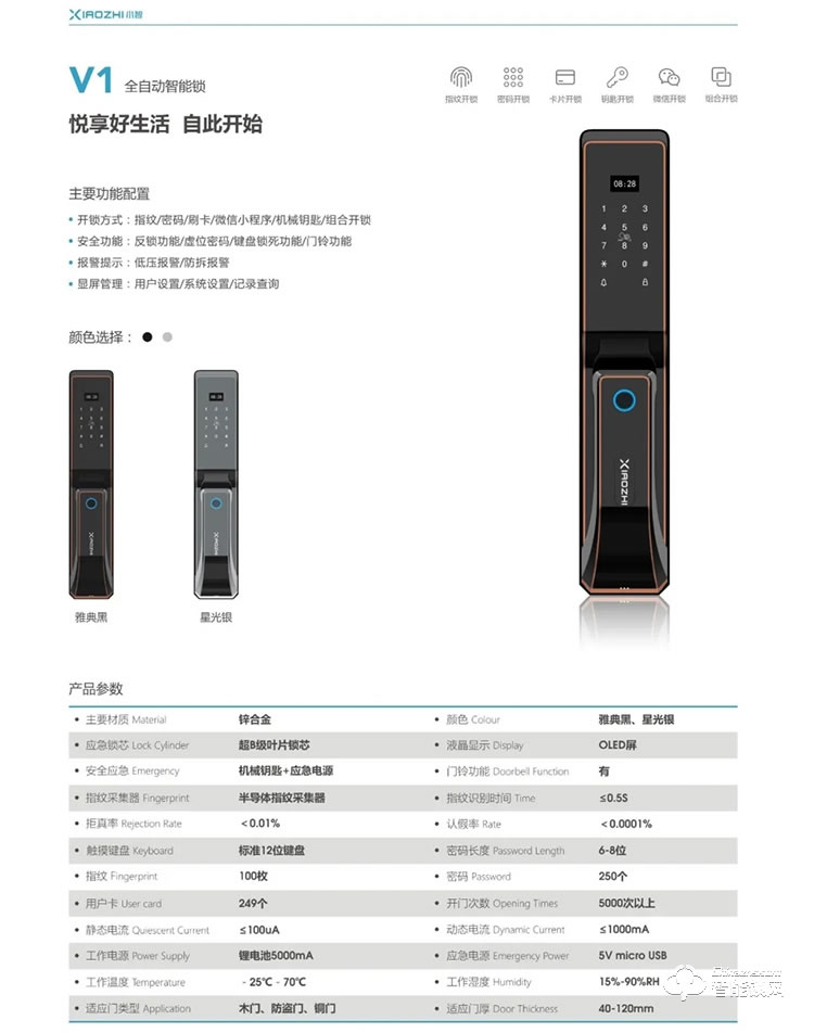 小智智能鎖 V1防盜門電子門鎖推拉式鎖