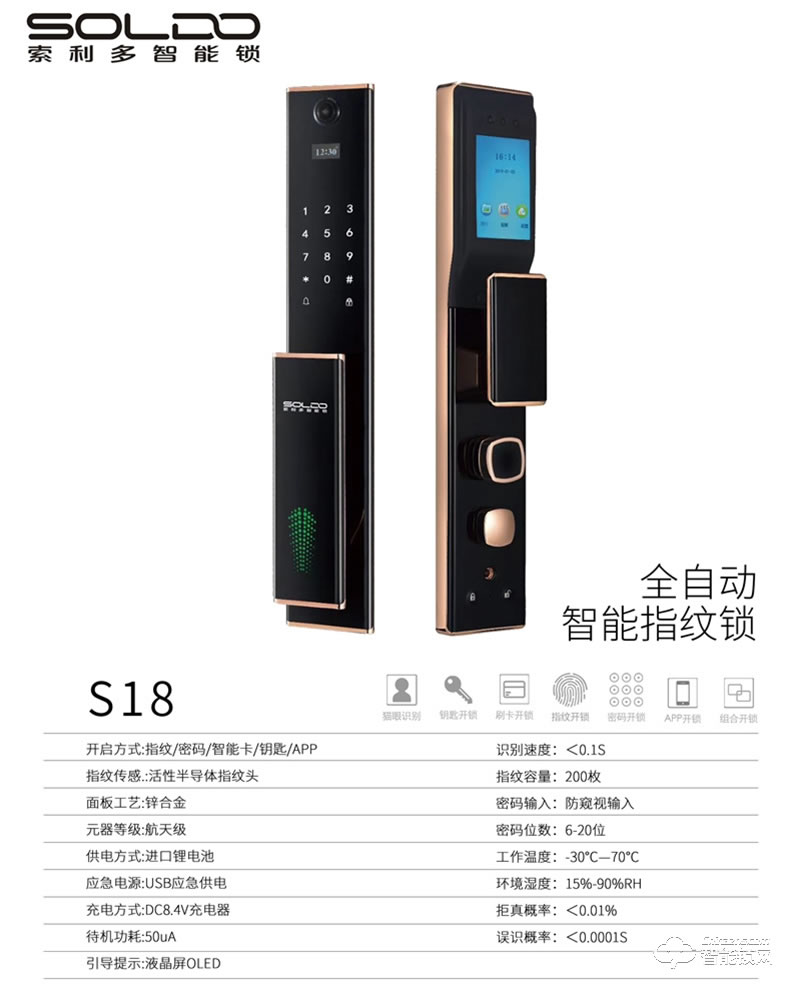 索利多智能鎖 S18全自動(dòng)貓眼防盜門(mén)指紋鎖