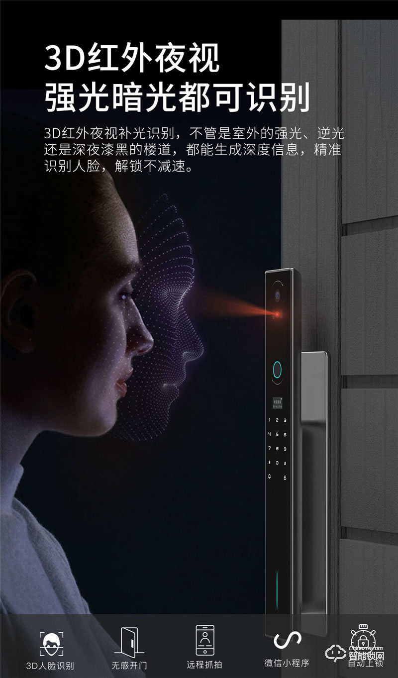 魅指3D雙目人臉識(shí)別智能鎖 刷臉秒開無感開門