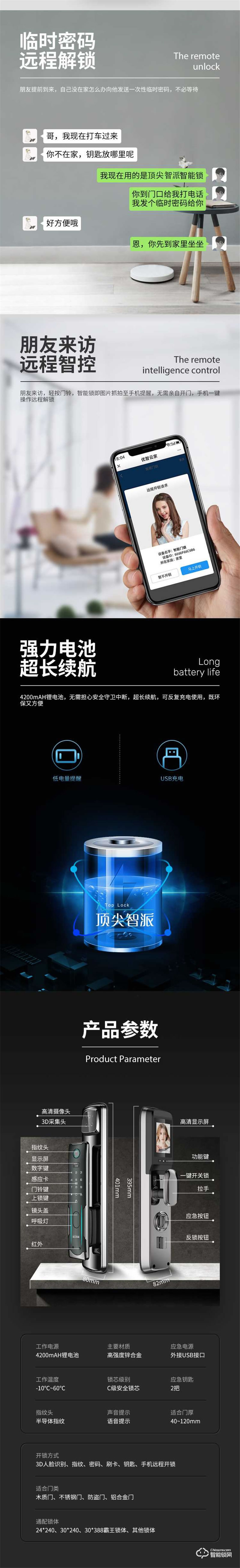 頂尖智派阿拉斯加系列 3D人臉識別智能鎖