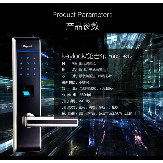 朗榮五金 第吉爾指紋密碼鎖 家用直板防盜鎖