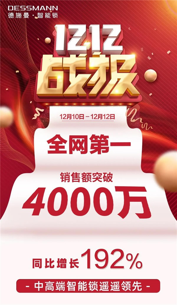 德施曼智能鎖丨雙12大促包攬單品銷售冠亞軍 前5位單品占據3席 德施曼智能鎖丨雙12大促包攬單品銷售冠亞軍 前5位單品占據3席