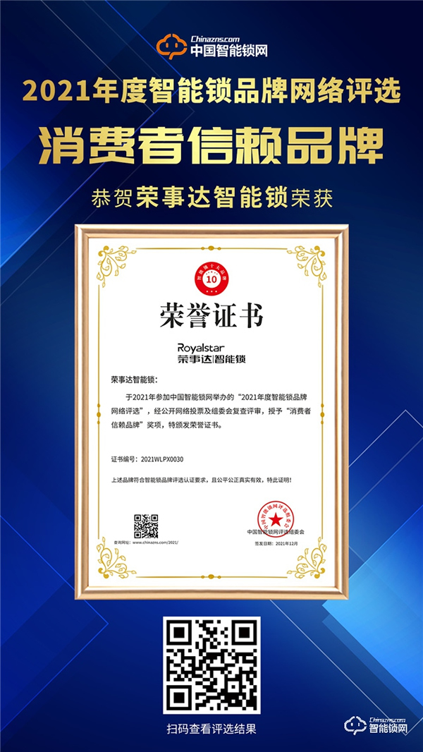 榮耀加冕|榮事達(dá)智能鎖連續(xù)多年入選消費(fèi)者信賴品牌 榮耀加冕|榮事達(dá)智能鎖連續(xù)多年入選消費(fèi)者信賴品牌